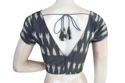 Timeless Grey Ikkat V-Neck Designer Saree Blouse - Classic Elegance - D3blouses