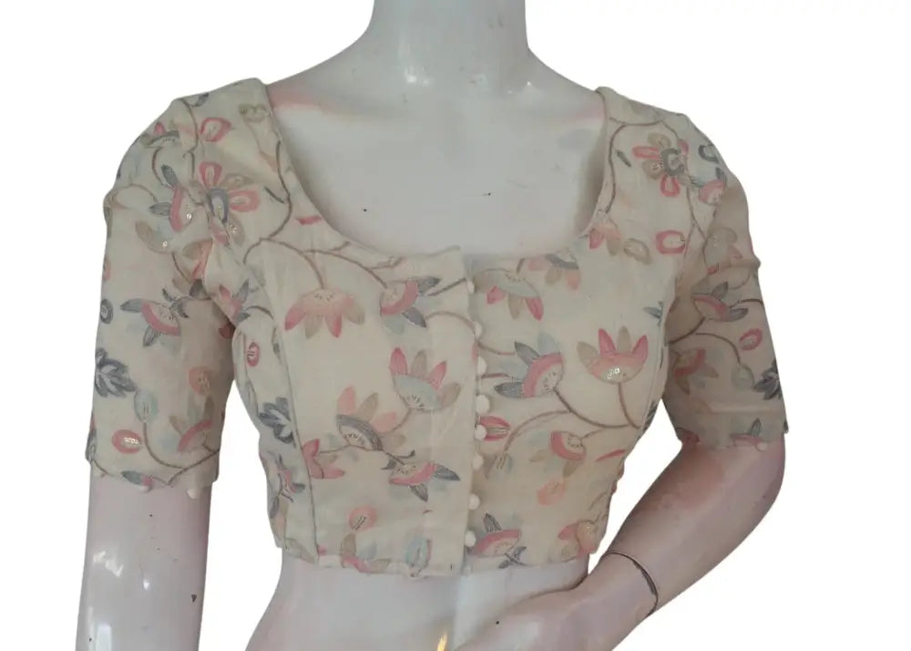 Timeless Khadi Cotton Readymade Blouse with Threadwork Embroidery aa - D3blouses