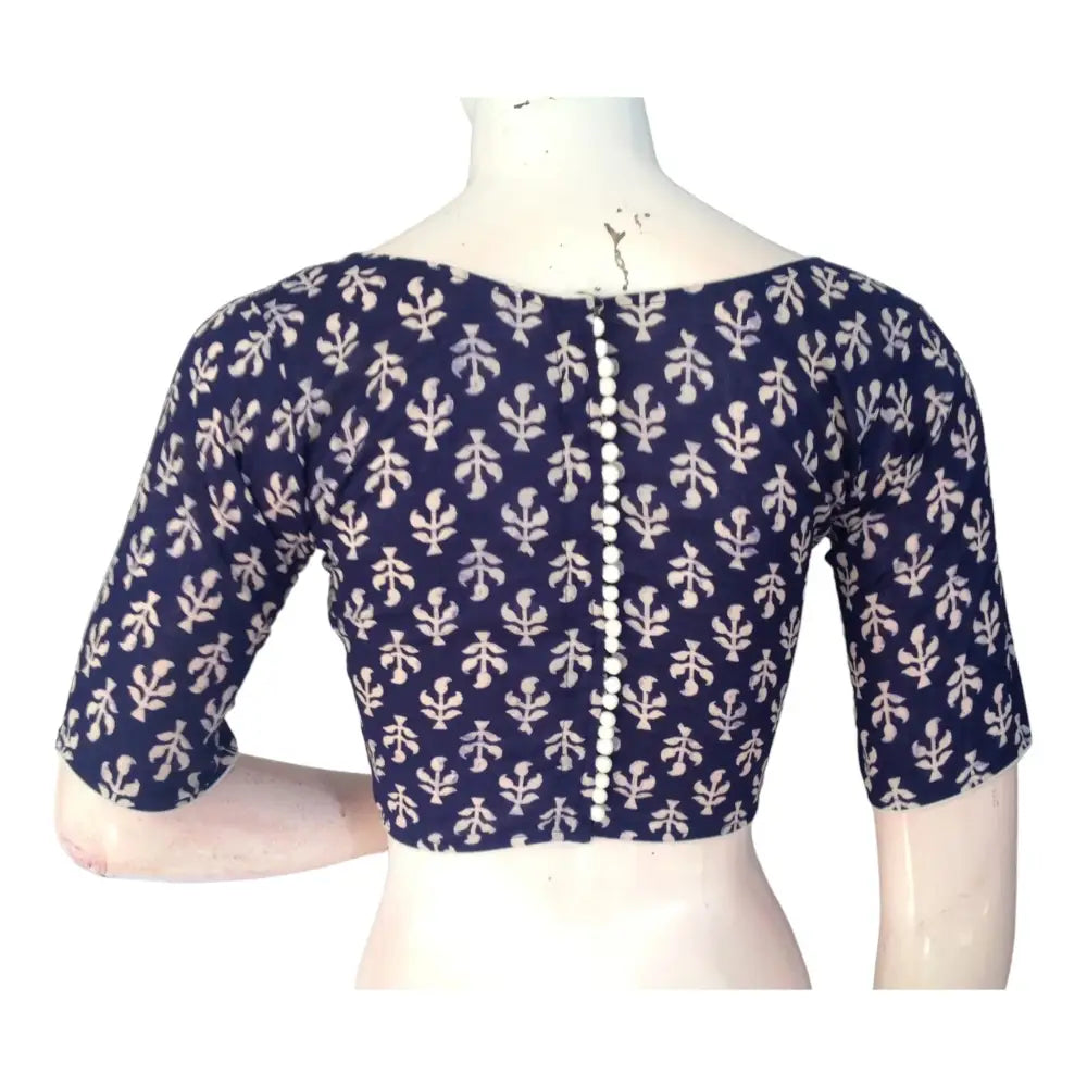 Timeless Navy Blue Cotton High Neck Blouse | Ready made Saree Essential - D3blouses