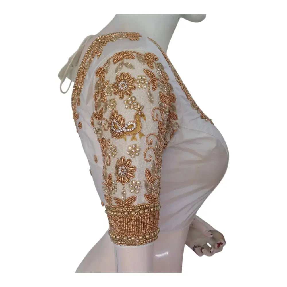 Timeless Off-White Aari Handwork Wedding Silk Saree Ready made Blouse - D3blouses