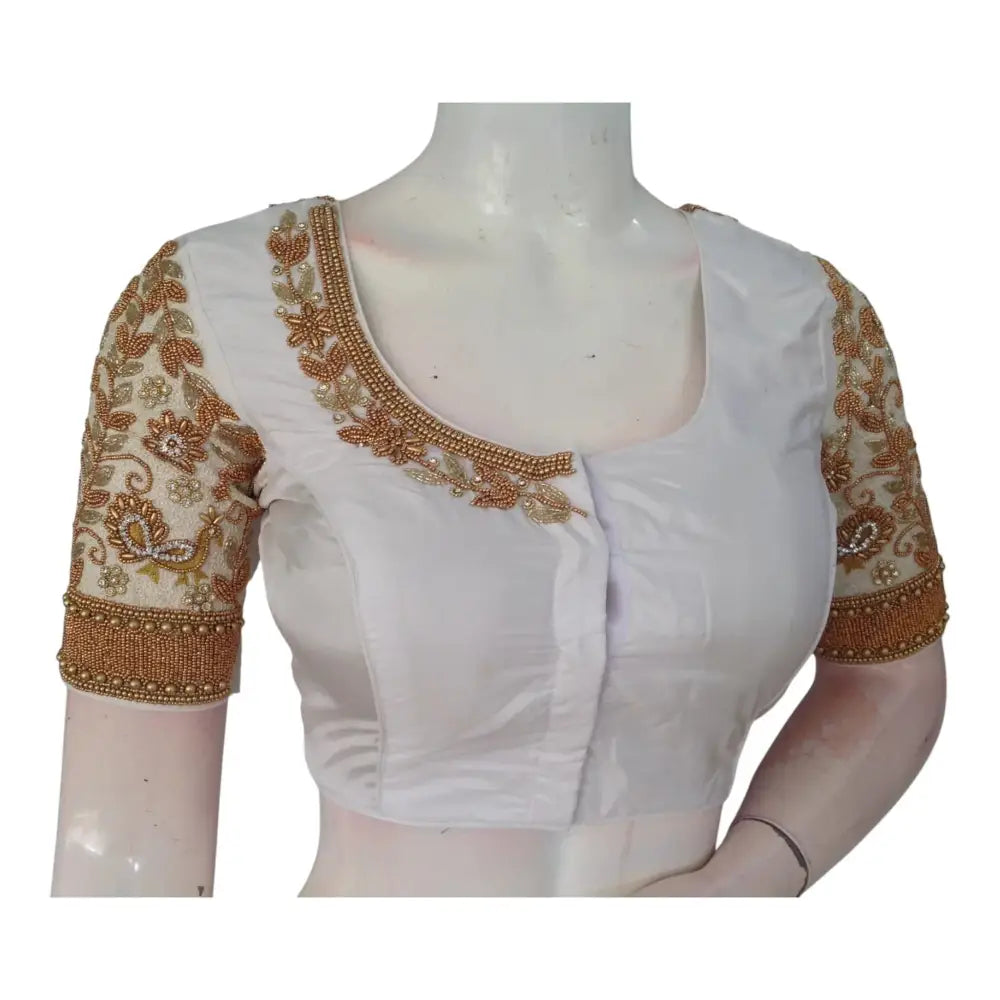 Timeless Off-White Aari Handwork Wedding Silk Saree Ready made Blouse - D3blouses