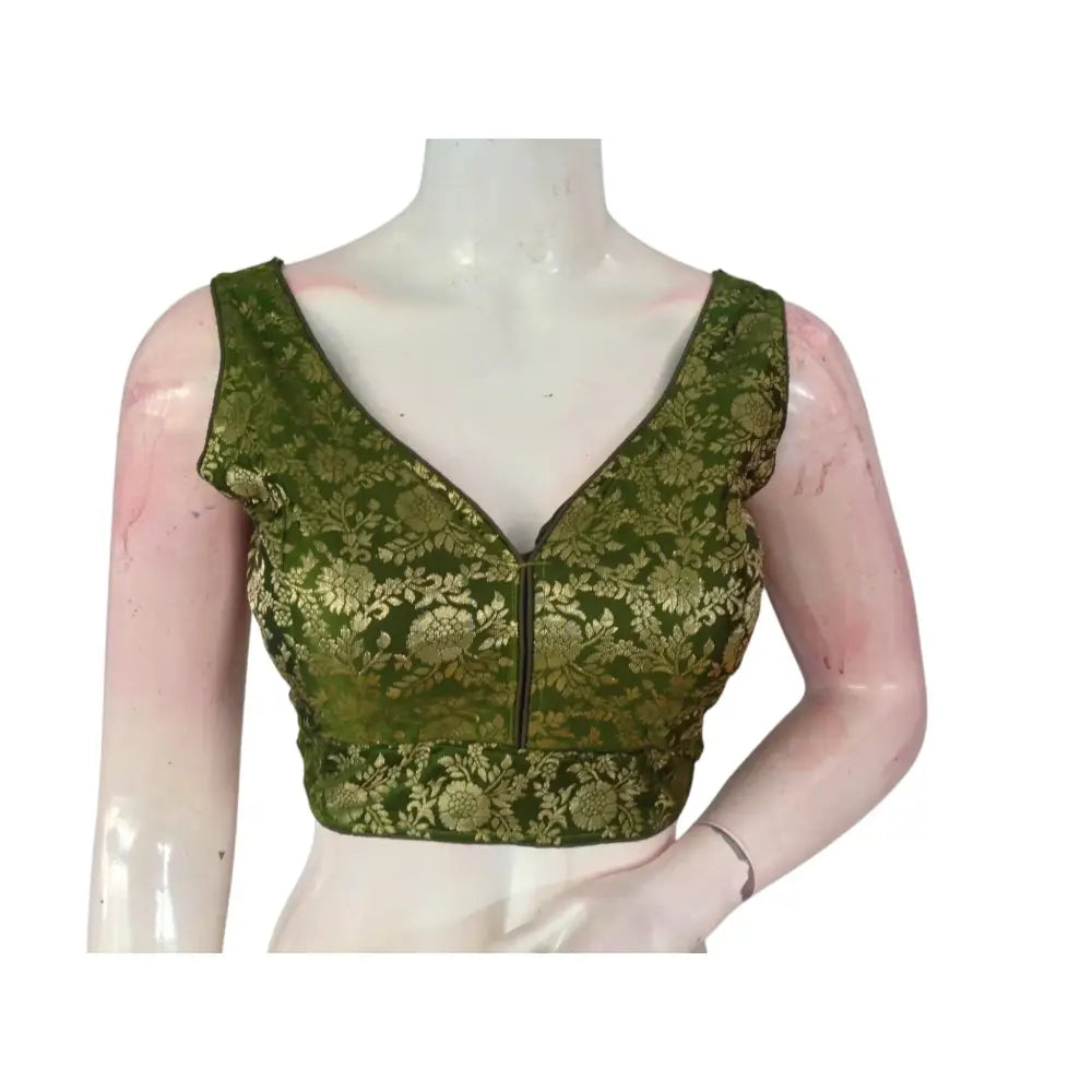 Timeless Olive Green Banarasi Silk Ready made Blouse: Effortless Elegance - D3blouses