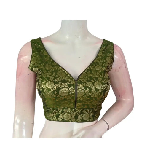 Timeless Olive Green Banarasi Silk Ready made Blouse: Effortless Elegance - D3blouses