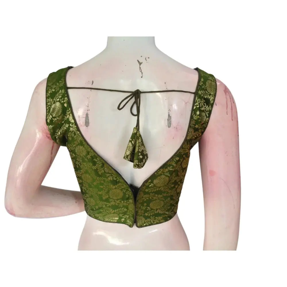 Timeless Olive Green Banarasi Silk Ready made Blouse: Effortless Elegance - D3blouses