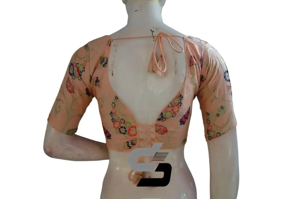 Traditional Charm: Banarasi Brocade silk Readymade saree blouse, Indian Readymade blouse, Crop top in Luxurious Peach Pink Color - D3blouses