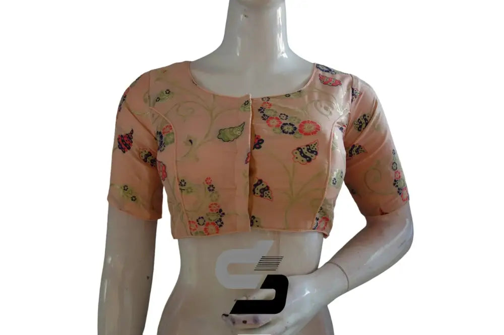 Traditional Charm: Banarasi Brocade silk Readymade saree blouse, Indian Readymade blouse, Crop top in Luxurious Peach Pink Color - D3blouses