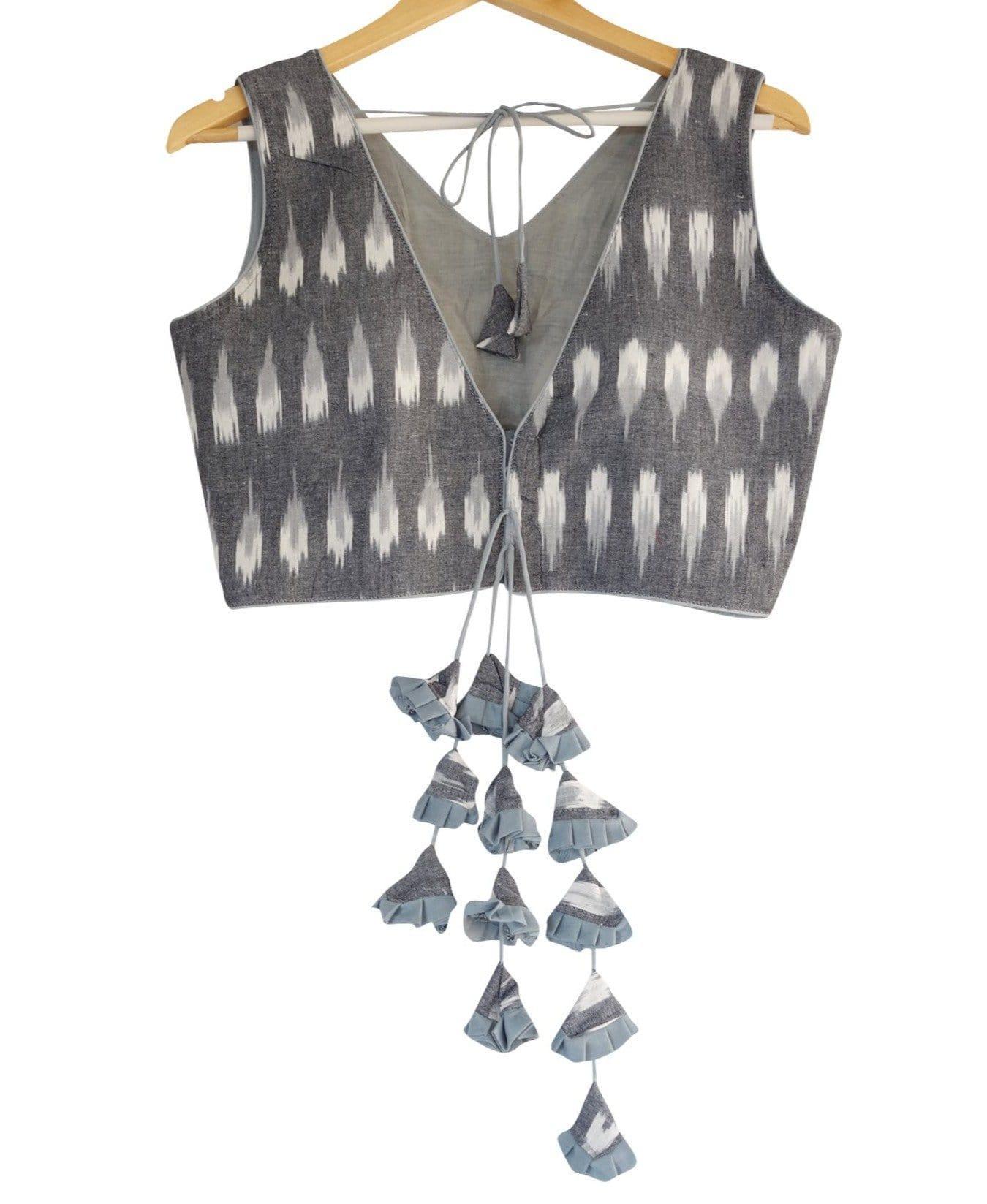Trendsetting Grey Ikkat V-neck Readymade Blouse with Designer Tassels - D3blouses