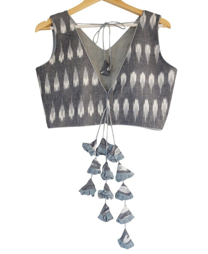 Trendsetting Grey Ikkat V-neck Readymade Blouse with Designer Tassels - D3blouses