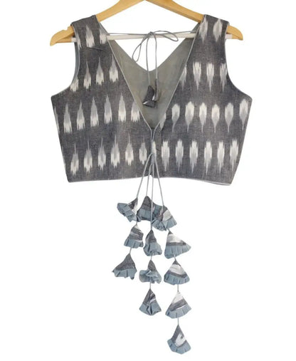 Trendsetting Grey Ikkat V-neck Readymade Blouse with Designer Tassels - D3blouses