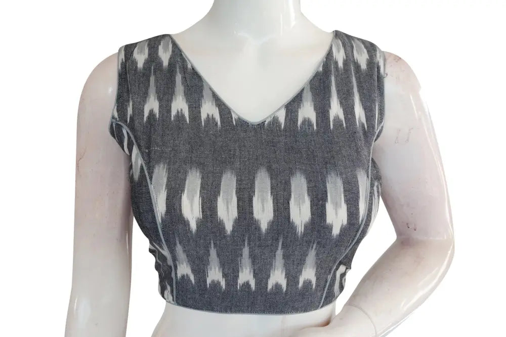 Trendsetting Grey Ikkat V-neck Readymade Blouse with Designer Tassels - D3blouses