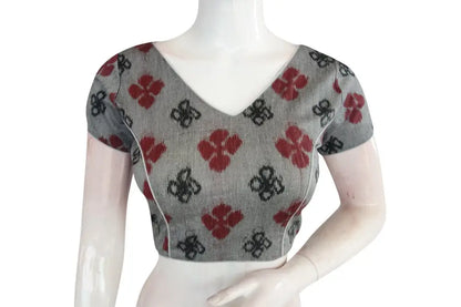 Trendy Grey Ikkat V-Neck Designer Saree Blouse - Fashionable Ethnic Wear - D3blouses