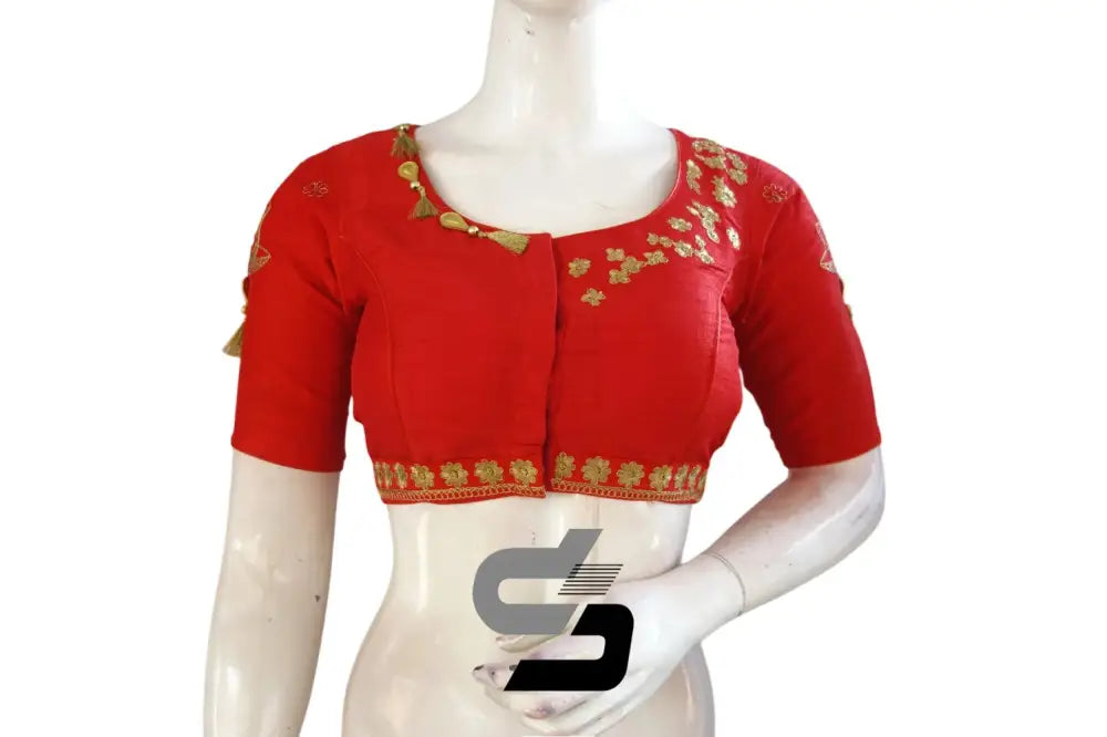Trendy Red High Neck Semi Silk Embroidered Blouses - D3blouses