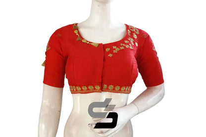 Trendy Red High Neck Semi Silk Embroidered Blouses - D3blouses