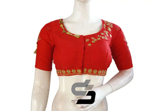 Trendy Red High Neck Semi Silk Embroidered Blouses - D3blouses