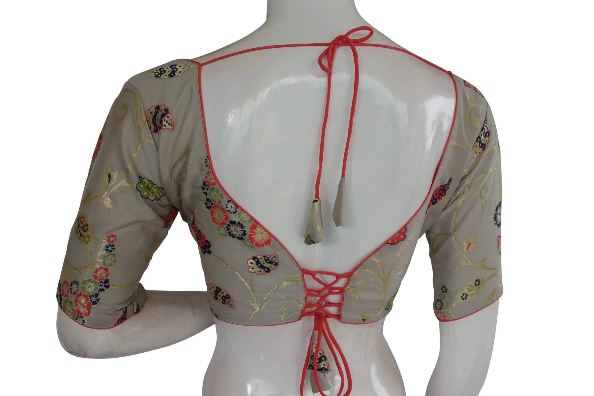 Trendy Twist: Rock the Party with a Grey Color Banarasi Brocade silk Readymade saree blouse, Indian Readymade blouse, Crop top - D3blouses