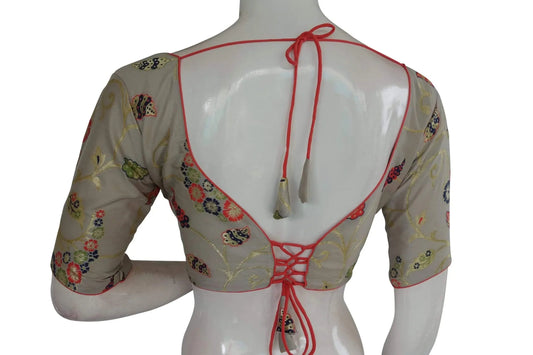 Trendy Twist: Rock the Party with a Grey Color Banarasi Brocade silk Readymade saree blouse, Indian Readymade blouse, Crop top - D3blouses