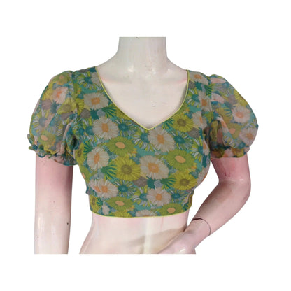 Tropical Paradise: Parrot Green Organza Puff Sleeve Readymade Blouse - D3blouses