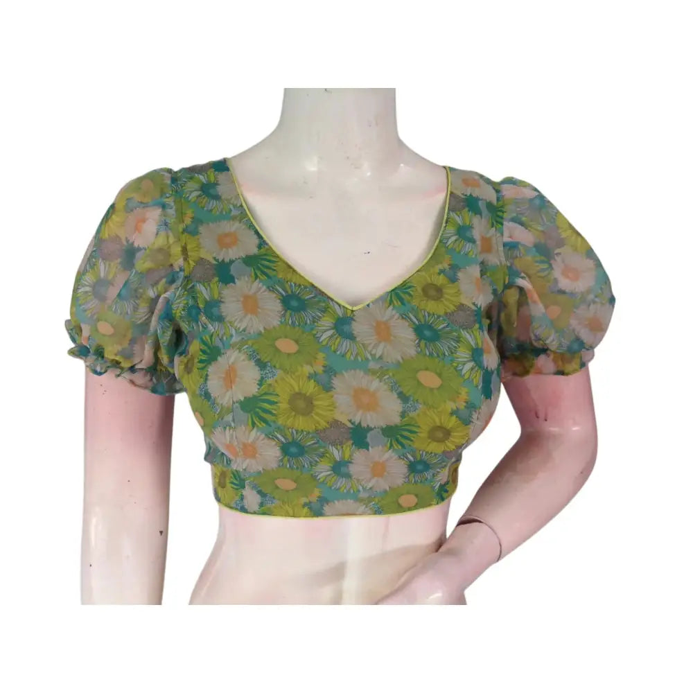 Tropical Paradise: Parrot Green Organza Puff Sleeve Readymade Blouse - D3blouses