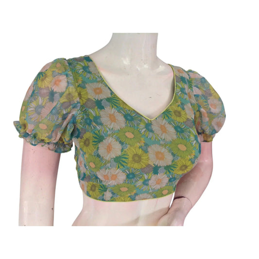 Tropical Paradise: Parrot Green Organza Puff Sleeve Readymade Blouse - D3blouses