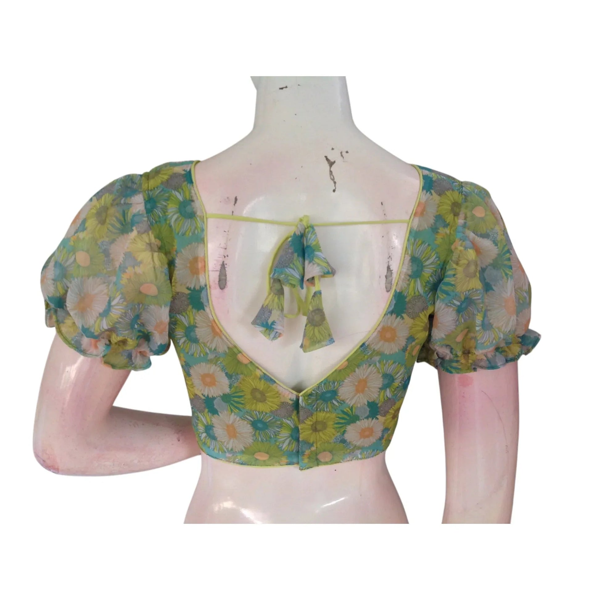 Tropical Paradise: Parrot Green Organza Puff Sleeve Readymade Blouse - D3blouses