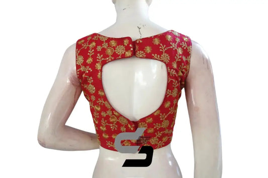 Turn Heads with Raspberry Semi Silk Embroidered Partywear Readymade Saree Blouses - D3blouses