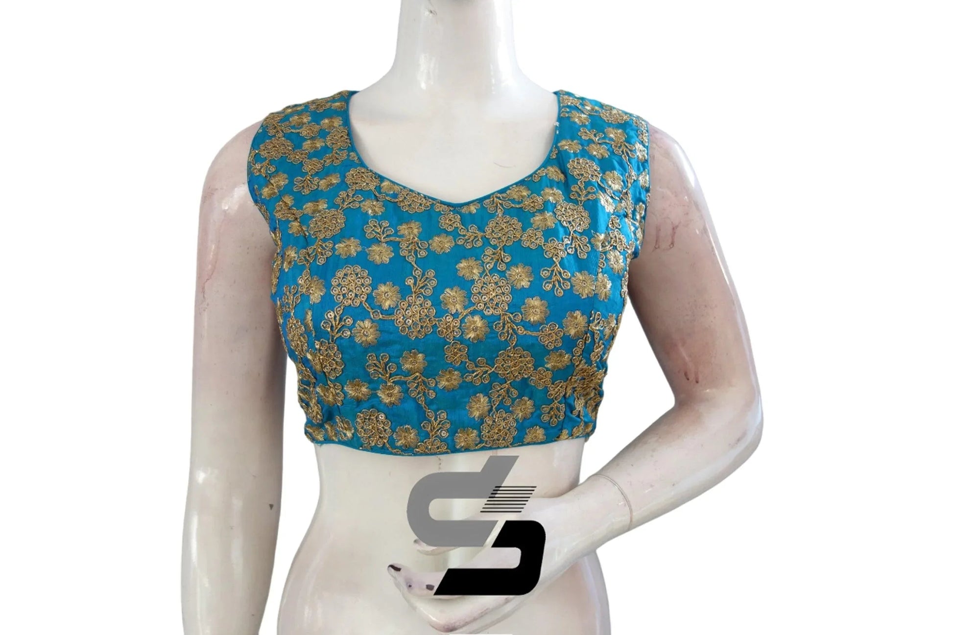 Turquoise Blue Designer Semi Silk Partywear Readymade Saree Blouses - D3blouses