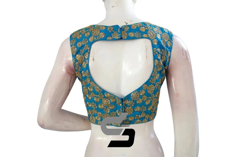 Turquoise Blue Designer Semi Silk Partywear Readymade Saree Blouses - D3blouses