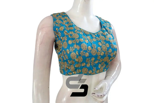 Turquoise Blue Designer Semi Silk Partywear Readymade Saree Blouses - D3blouses