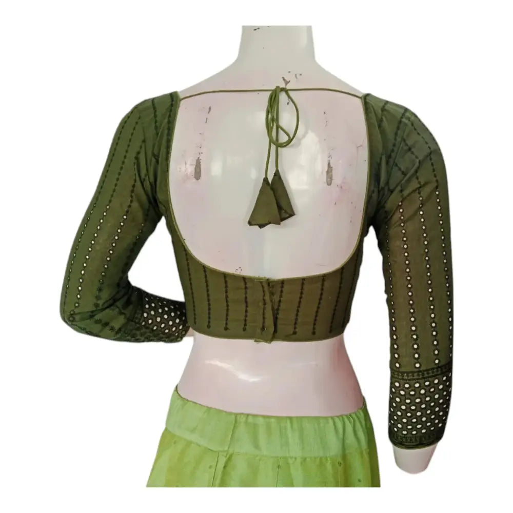 Unique Olive Green Hakoba Cotton Blouse - Bracelet Sleeves, Perfect Fit - D3blouses