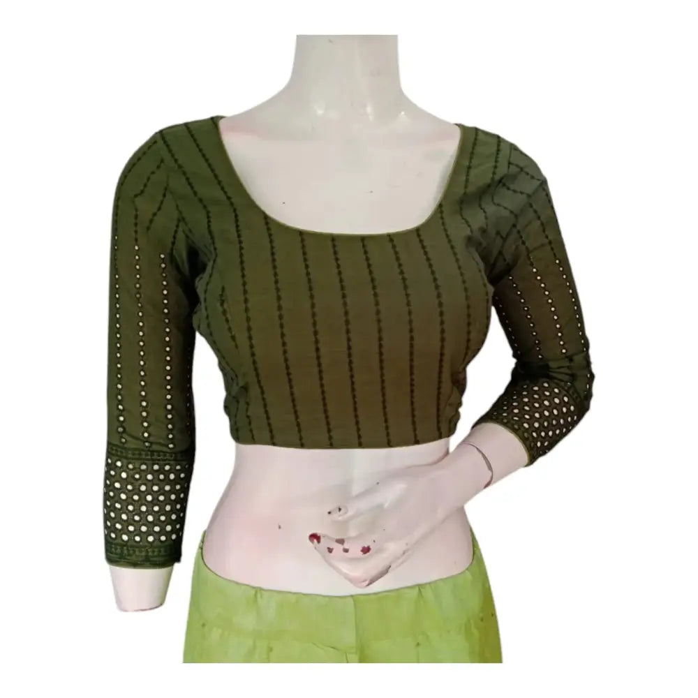 Unique Olive Green Hakoba Cotton Blouse - Bracelet Sleeves, Perfect Fit - D3blouses