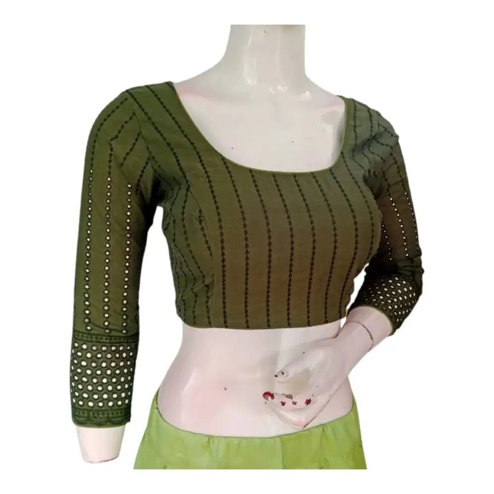 Unique Olive Green Hakoba Cotton Blouse - Bracelet Sleeves, Perfect Fit - D3blouses