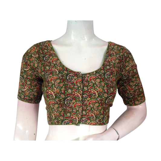 Unique Olive Green Kalamkari Printed Cotton Blouse - Sophisticated & Chic - D3blouses