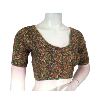 Unique Olive Green Kalamkari Printed Cotton Blouse - Sophisticated & Chic - D3blouses