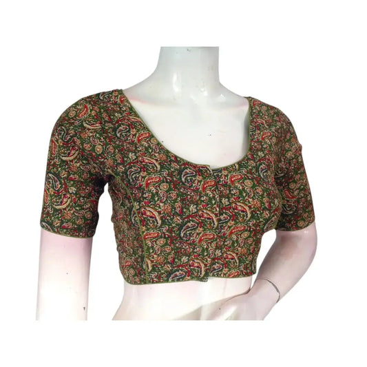 Unique Olive Green Kalamkari Printed Cotton Blouse - Sophisticated & Chic - D3blouses