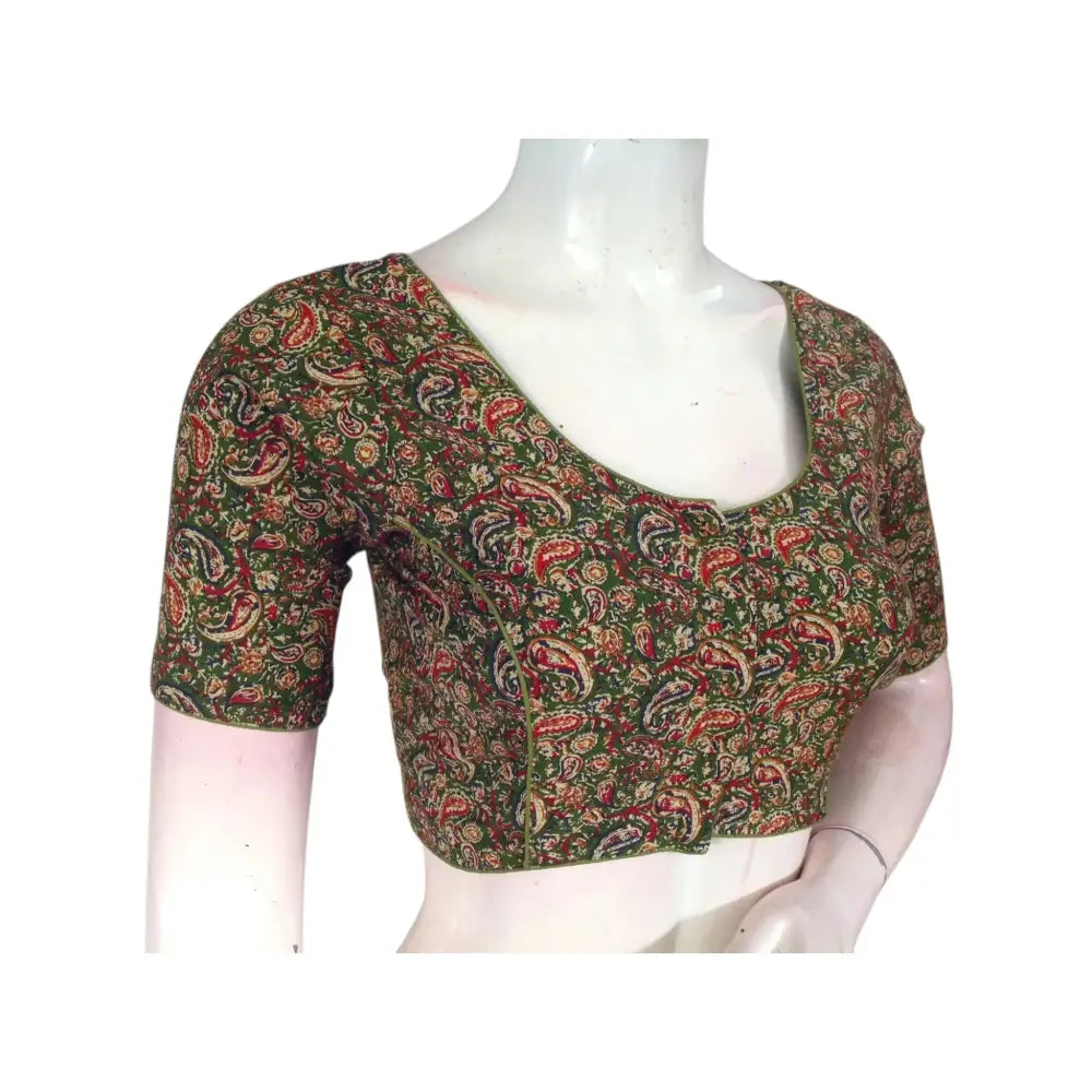 Unique Olive Green Kalamkari Printed Cotton Blouse - Sophisticated & Chic - D3blouses