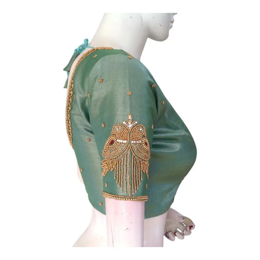 Unique Teal Tissue Silk Blouse with Intricate Aari Work - D3 Blouses - D3blouses