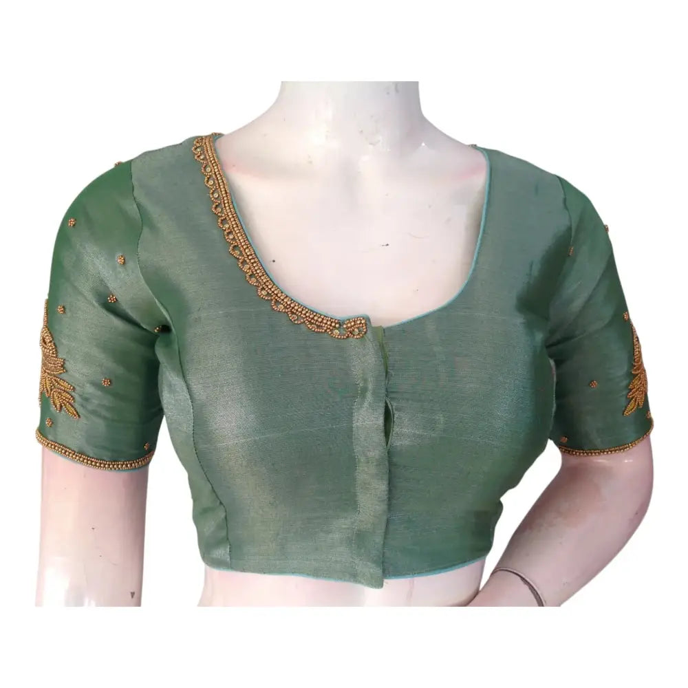Unique Teal Tissue Silk Blouse with Intricate Aari Work - D3 Blouses - D3blouses