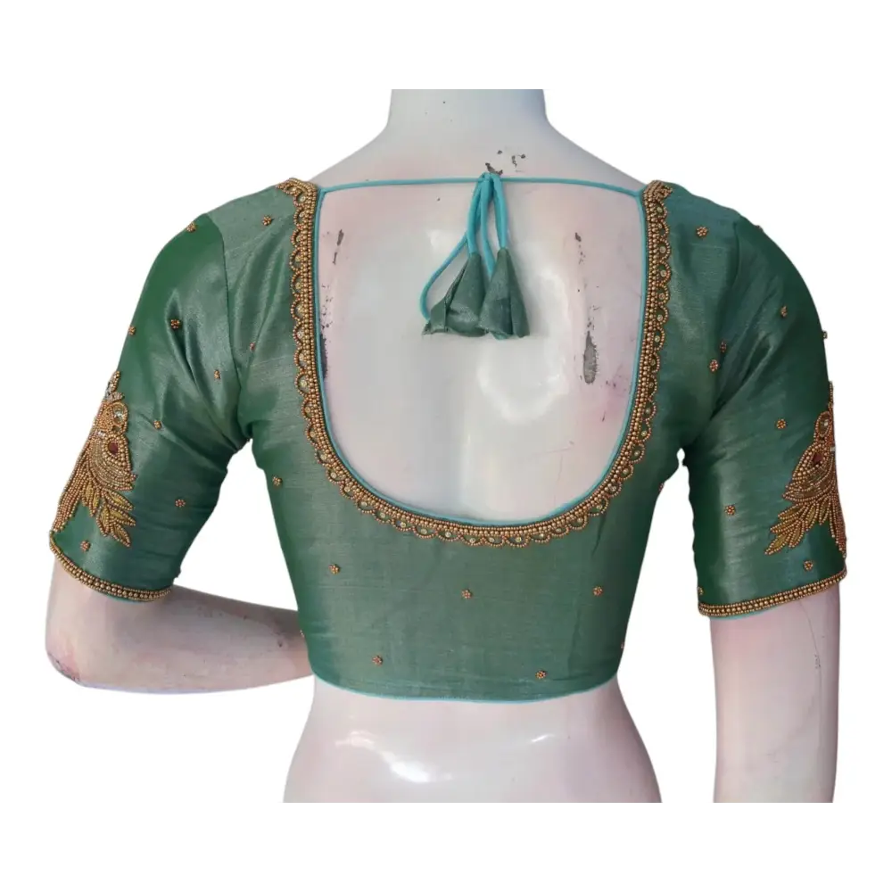 Unique Teal Tissue Silk Blouse with Intricate Aari Work - D3 Blouses - D3blouses