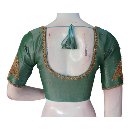 Unique Teal Tissue Silk Blouse with Intricate Aari Work - D3 Blouses - D3blouses