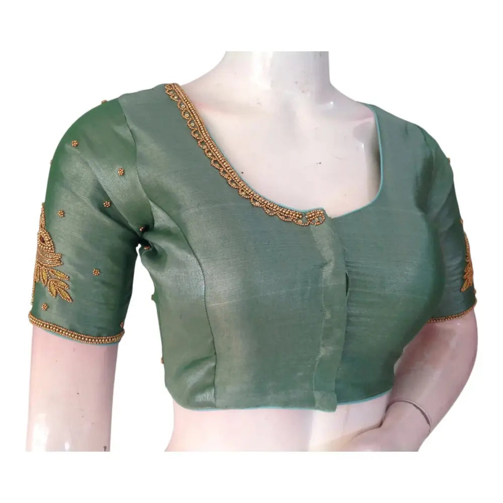 Unique Teal Tissue Silk Blouse with Intricate Aari Work - D3 Blouses - D3blouses