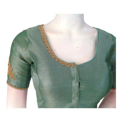 Unique Teal Tissue Silk Blouse with Intricate Aari Work - D3 Blouses - D3blouses