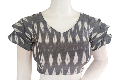 Upgrade Your Saree Look with a Stylish Grey Ikkat Blouse - Ruffle Sleeve - D3blouses