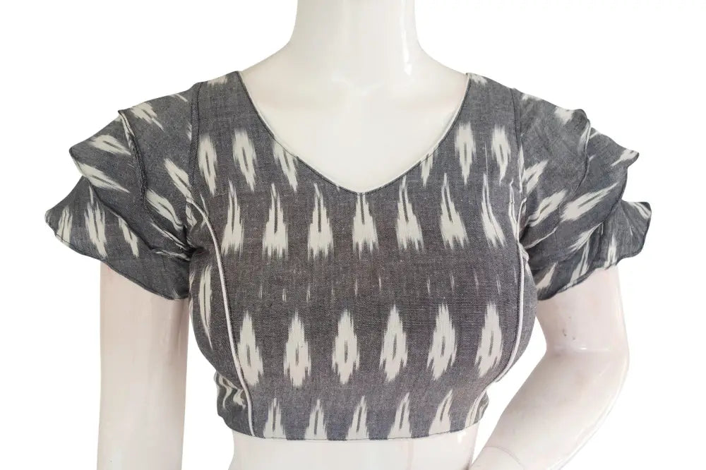 Upgrade Your Saree Look with a Stylish Grey Ikkat Blouse - Ruffle Sleeve - D3blouses