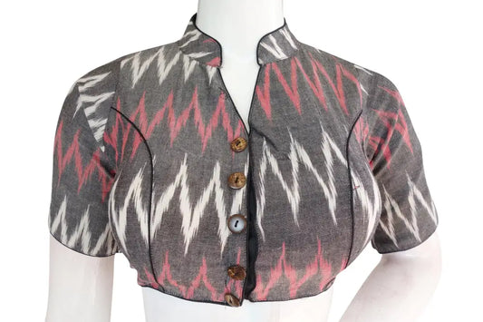 Upgrade Your Wardrobe with a Stylish Grey Ikkat Collar Blouse - D3blouses