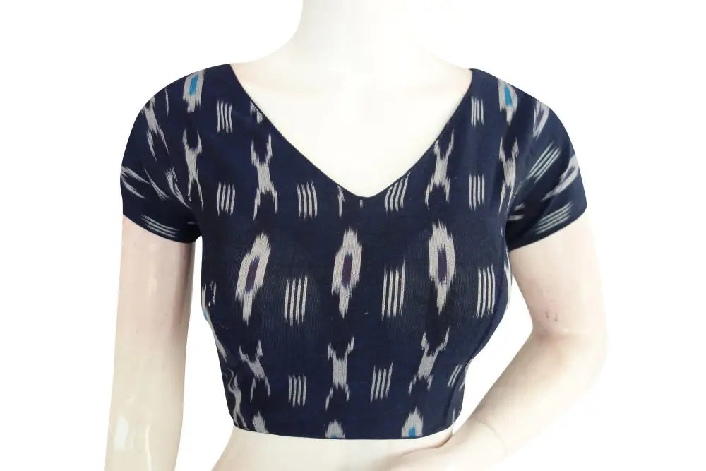 Versatile Blue Ikkat V-Neck Designer Saree Blouse - Traditional Chic - D3blouses