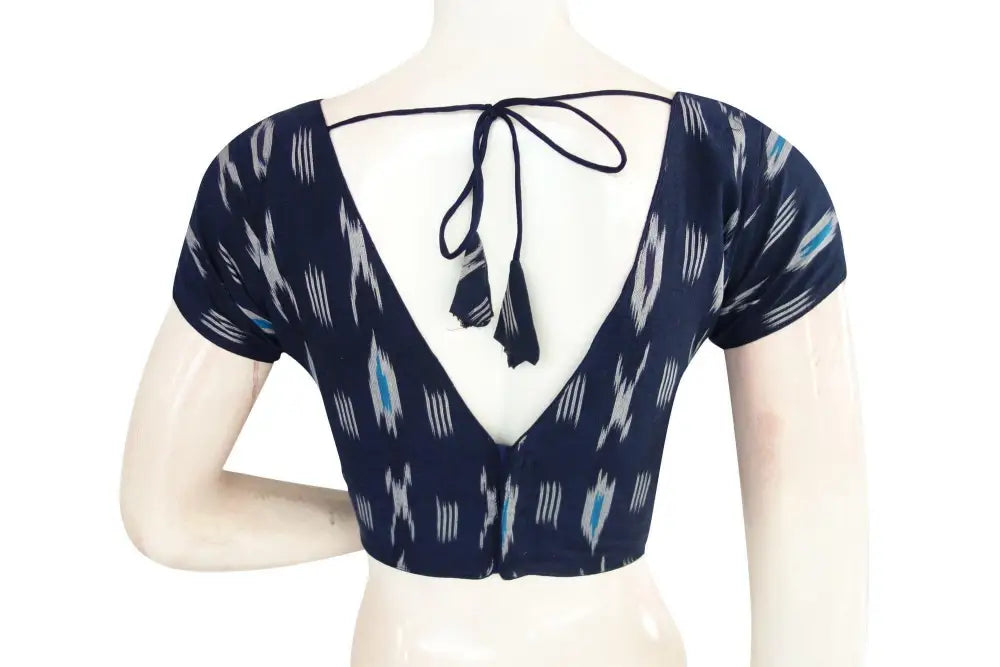 Versatile Blue Ikkat V-Neck Designer Saree Blouse - Traditional Chic - D3blouses