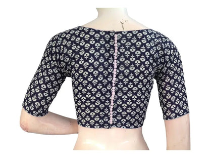 Versatile Navy Blue Cotton Blouse | Modern High Neck Design | Ready made Blouse - D3blouses