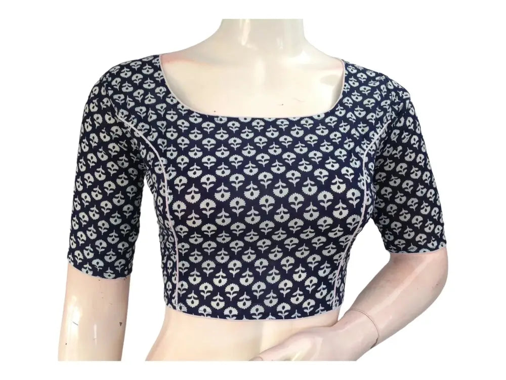 Versatile Navy Blue Cotton Blouse | Modern High Neck Design | Ready made Blouse - D3blouses