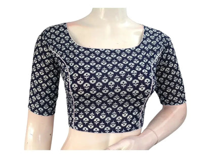 Versatile Navy Blue Cotton Blouse | Modern High Neck Design | Ready made Blouse - D3blouses