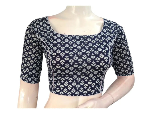 Versatile Navy Blue Cotton Blouse | Modern High Neck Design | Ready made Blouse - D3blouses